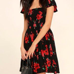 Marabella Red and Black Floral Print Dress